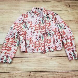 Asos Jacket Womens 20 Pink Red Motorcycle Zip Up Coat Floral Faux Leather Ladies